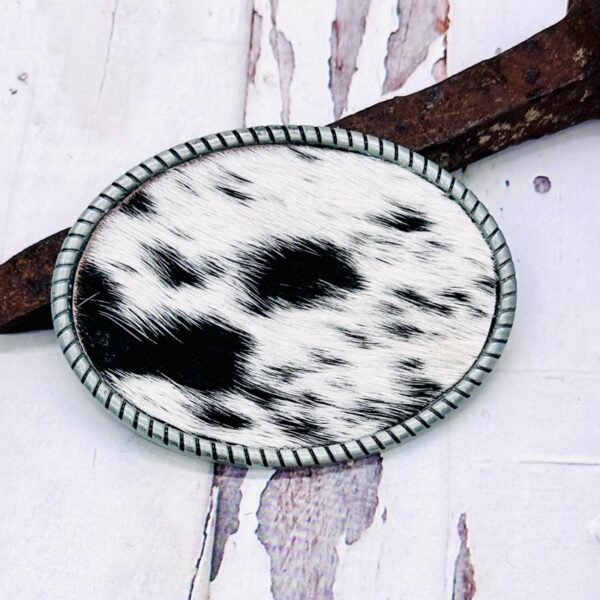 Black & White Speckled Hair on Cowhide Belt Buckle