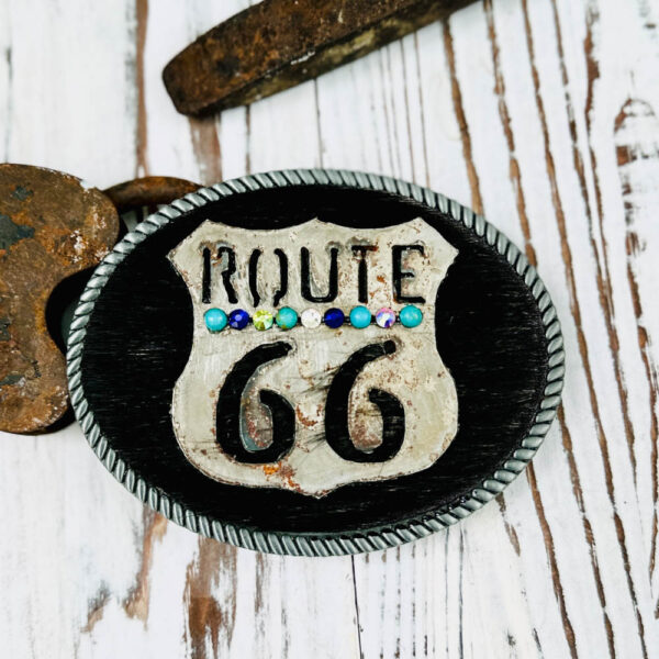Rout 66 Turquoise Bling Black Hair on Cowhide Belt Buckle